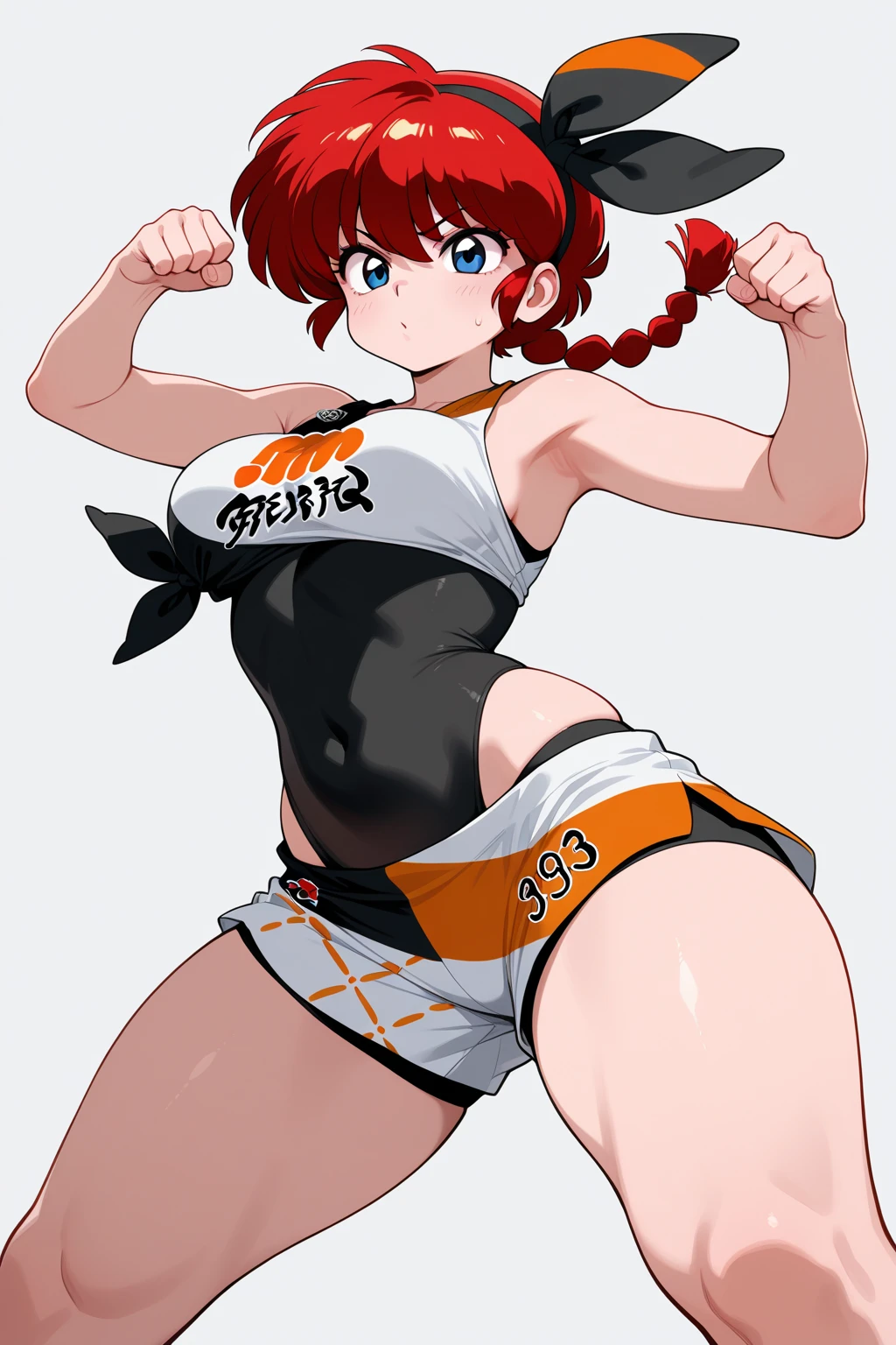(masterpiece, Highest quality, so beautiful, 4K、figure), whole body,Intricate details, 1 Female,alone,Contrasting 、Strong glowing 目、,(Cowboy Shot)、XL leg split,(Martial artist),Beautiful Face、(Red hair,A very short three-strand braid ponytail,black eye、A simple white wide silhouette tank top、Black shorts.Warrior、Medium chest、slim 、Ranma 1/2,whole body