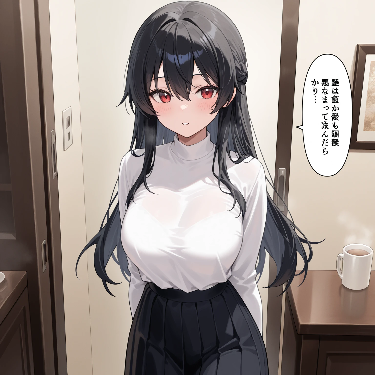 hasshaku-sama \(custom\), tall female, pale skin, huge breasts, button gap, white shirt, black pencil skirt, office, hair over one eye, looking at viewer, red eyes, office lady, <lora:Hasshakusama:0.6>