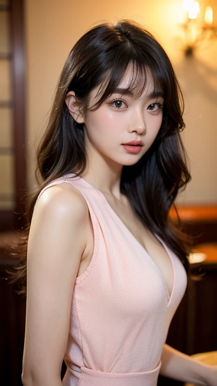 (masterpiece: 1.3), (8k, Realistic, RAW Photos, highest quality: 1.4), (One girl), Beautiful Face, (Realistic Face), (Brown long hair: 1.3), Beautiful Hairstyles, (bangs), (smile), smile, Realistic eyes, Gloss, highlight, highlight in the Eyes, eyelash, Beautiful details in the eyes, (Realistic Skin), Beautiful Skin, Transparency, Pink frilly floral dress、 bust, smile, teeth, Disorganized, Charm, 超High resolution, Ultra-realistic, High resolution, Golden Ratio, Clear eyes, Wet, Mole, Looking into the camera, ear, Shine, Long neck, double eyelid, Big eyes, cheek, kind character, Charm personality, kind, move, Overwhelming charm, bright personality