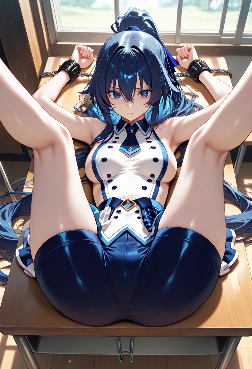 BREAK looking at viewer, BREAK (masterpiece:1.2), best quality, high resolution, unity 8k wallpaper, (illustration:0.8), (beautiful detailed eyes:1.6), extremely detailed face, perfect lighting, extremely detailed CG, (perfect hands, perfect anatomy),outdoor,nsen,hot springs, night,aqua, long hair, blue eyes, hair ornament, very long hair, blue hair, hair rings, single hair ring, hair bobbles, thighhighs, bare shoulders, detached sleeves, white thighhighs, , green bow,nipples,nipples see through,sideboob,lie in water, lie on back,sexy lingerie, from above, spread legs.