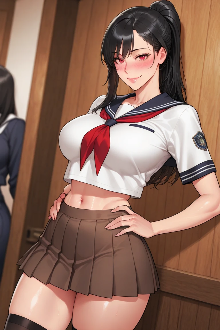 2 girls, by 2 person, Girl's brown eyes, black hair, medium long hair, Inward roll、(Navy blue sailor suit:1.4),indoors, Cafe、very big breasts、publish one'chest of、Naked things'chest of、blush、embarrassing、scary face、I'm worried、confused face、a large amount of breast milk comes out of the nipples,、Breast milk gushes from the nipple、very short skirt、micro mini skirt、female shape'Private parts are clearly visible、vibrator in thighhighs、The crotch is wet with love juice
