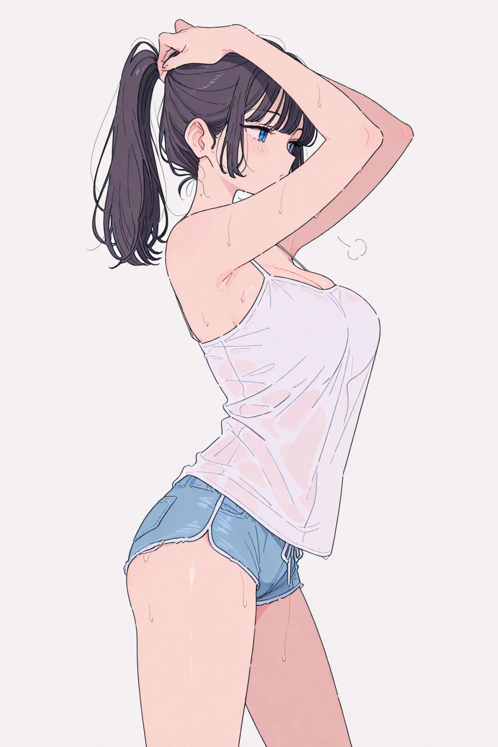 (1 girl:1.2),  Alone, smile, looking at the viewer, Goodzos detrás de la cabeza, by the wide, by white, blue eyes, Good, BOOB LATERAL, under the chest, Goodgas blancas, white thighs, inside, aisle 