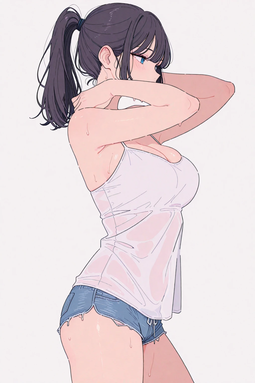 Fastening bra straps, rear view, woman, line drawing, black and white, hands around back, removing bra, dress shirt, black jeans, Japanese
