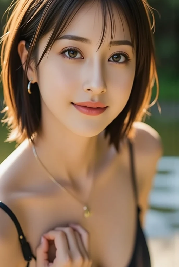 (masterpiece:1.3), high resolution, ultra detailed, extremely detailed CG unity 16k wallpaper, realistic, photo-realistic, RAW photo, super fucking beautiful detailed face, natural makeup, pale skin, realistic glistening skin, detailed cloth texture, detailed hair texture, beautiful detailed fullbody, Perfect female body, accurate, Anatomically correct, Highly detailed face and skin texture, natural neck length, (beautiful hands), (fair skin:1.1), (well-aligned teeth:1.1), ((beautiful breasts, cleavage:1.3)), (Perfect dynamic composition, looking at viewer, cowboy shot), (Random and sexy poses:1.3),
BREAK,
Detailed eyes, symmetric eyes, Light Brown eyes, Double eyelids, Thin eyebrows, (Glossy lips:1.4), ((A face with waiting for a kiss:1.2)), (blush:1.1), (A sparkling small hair accessory:1.1), (beautiful smile:1.1), (sweat skin,blush:1.2),
BREAK,
((short hair, bob, Dark blonde hair, bangs:1.2)), (Summer river, Random and sexy Swimwear:1.3)