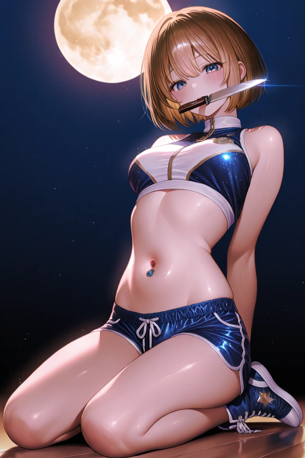 nsfw,1girl,(Artoria Pendragon1.3), (blond heir), (braided single hair bun)), (small breast:1.5), ((beautiful anime eyes with fine detail)), ((indigo blue ribbon)), realistic skin, (intricate details), ((lighting forward)), depth field, ((ultra high resolution, high res)), {highres}, {{very fine 8KCG wallpapers}}, {{very precise detailed}}, full body,(Microbikini1.6),nipples heart pasties,pussy line,sexy pose