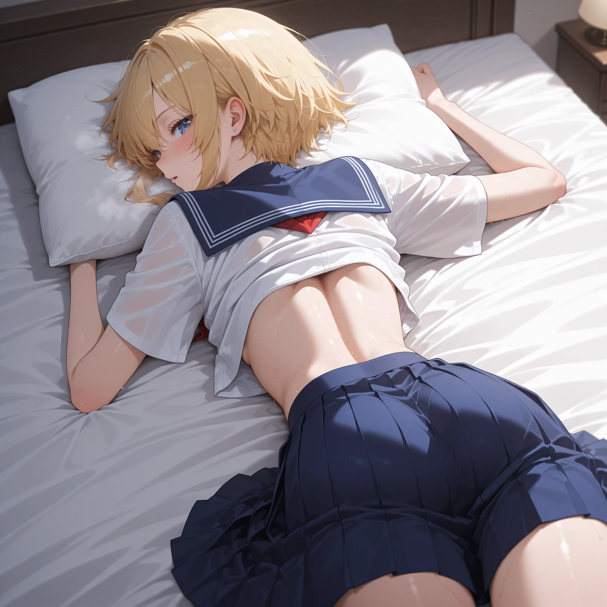 (absurderes、Absolute resolution、incredibly absurdness、hight resolution、ultra-detailliert:1.0、Official art)、master piece, Sharp Focus ,Delicate Beautiful Hair and Eyes and Face, Lifelike, Hyper-detailing, a matural female, Dynamic Hair, slender,Nudists, (Wearing a black cardigan and white low-rise panties),natural(Colossal tits:1.2), cleavage of the breast,((The areol)),(teats),((exposed breast)), Beautiful cute woman,Smooth skin,(Delicate pale red hair),(length hair),Delicate blonde eyes, , , A look of frustration,(Lying face down on the bed), Lying face down, (Hug a pillow), Buttocks, thighs thighs thighs thighs, Sexy legs, profile