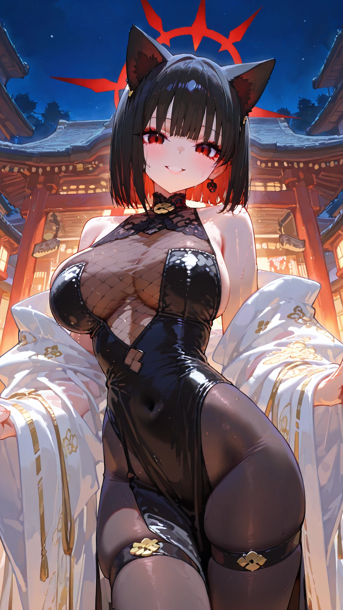 1 mature and seductive woman,(detailed description,incredibly absurd,high resolution,8K wallpapers,masterpiece,best quality,depth of area,Anatomically accurate depiction,A face that stands out for its meticulous consideration, eye for detail,perfect body,two lovely hands, Five Perfect Fingers),(succubus),(in the forest),(black lingerie,corset,red stockings),Eyelashes,eye shadow,eyeliner、Mascara,(black eyes,Cynical look,charming smile,big bust,shiny lips,Support your breasts from below with your hands...),whole body,(night),(full moon,moon)