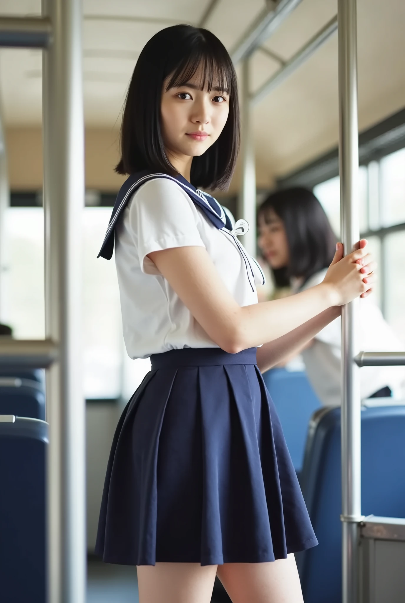 a high school girl in summer clothes is standing on the bus。The uniform is a sailor uniform, the hairstyle is semi-long, and the hair is black。