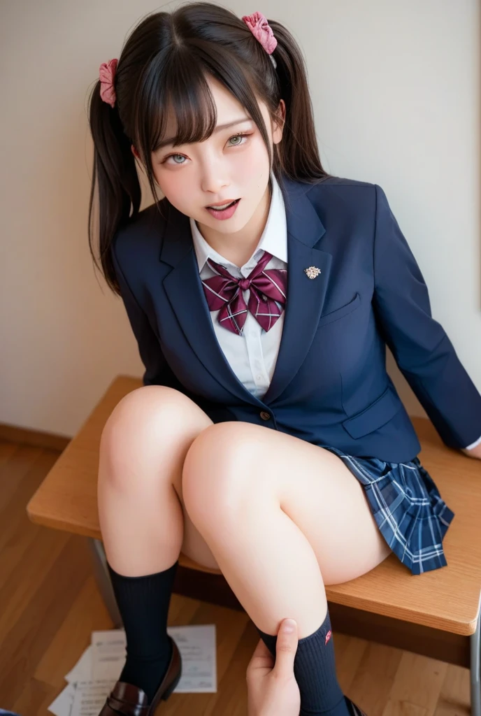 the Extremely Detailed CG Unity 8K Wallpapers、top-quality、ultra-detailliert、masterpiece、realisitic、Photo Real、extremely detailed cute girl、18year old、High school girl sitting on floor with legs crossed、sophisticated gravure idol、Young Gravure Idol、Young Pretty Gravure Idol、Realistic Young Gravure Idol, Young Sensual Gravure Idol、Young skinny gravure idol、(High school student in Japan uniform)、(skirt rift)、(Lifted by yourself)、low angles、red blush、ruddy lips、looking at the viewers、Semi-body shot、(Large crowds)、(Crowded lampposts)、(Japan high school uniform and designated shoes)、(Dark blue blazer:1.2)、(short plaid skirt:1.5)、(White shirt for students)、 (Red ribbons:1.2)、(light brown random hair)、(White panty:1.5)、(cammel toe)、(Black loafers:1.5)、(beauitful face:1.3)、(perfectly proportions:1.2)、(Long feet:1.2)、(small tits:1.3)、(Panties can be seen from under the skirt)、(Textured skin)、(Japan high school uniform wet in the rain)、face that seems to cry、((wetting hair、wetted skin))、appearance々Angle、(White panties)、(The chest of the shirt is open)、sexy facial expression、yamadaanna