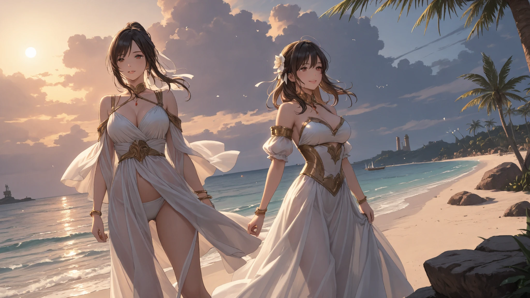 (2young girls), (best quality), (ultra-detailed), illustration, (detailed light), (an extremely delicate and beautiful), brown hair, brown eyes, model, (Beautiful big breasts:1.3), bare shoulders, (bare breasts:1.2), best quality, extremely detailed CG unified 8k wallpaper, High-definition raw color photos, professional photography, (((Bokeh))), depth of fields, beach, sea, twilight, sunset,