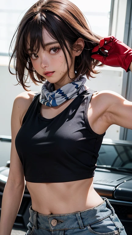 1 girl、A boyish handsome girl stretching his back、sweat、black hair、Idol level cuteness、slender、well-shaped breasts、bellybutton、My small white sports bra is see-through with sweat.、underboob、erect nipples、long leggings、Sports sneakers、anatomically correct、accurate limbs and fingerasterpiece、full body portrait、In the gymnasium、
