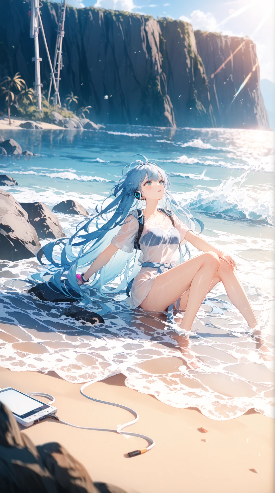 (Sky blue hair),(Braided hair tied together)、Pink eyes、Fair skin、(whole body)、(One Girl)、bikini、Shining white sand beach in midsummer、Okinawa&#39;s ocean、A happy smile、、(masterpiece、Highest quality、Very detailed、Best Shadow)、(Detailed Background)、(Beautifully detailed face)、High contrast、(Best lighting、Very delicate and beautiful)、((Cinematic Light))、colorful、Hyper Detail、Dramatic Light、Exquisite detail、Jumping and having fun