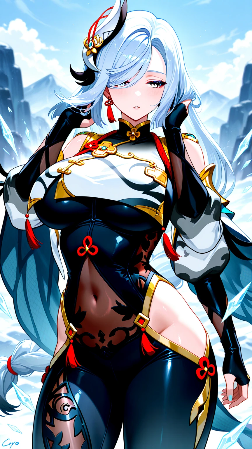 A girl with long silver hair red eyes big ass and boobs in a bikini