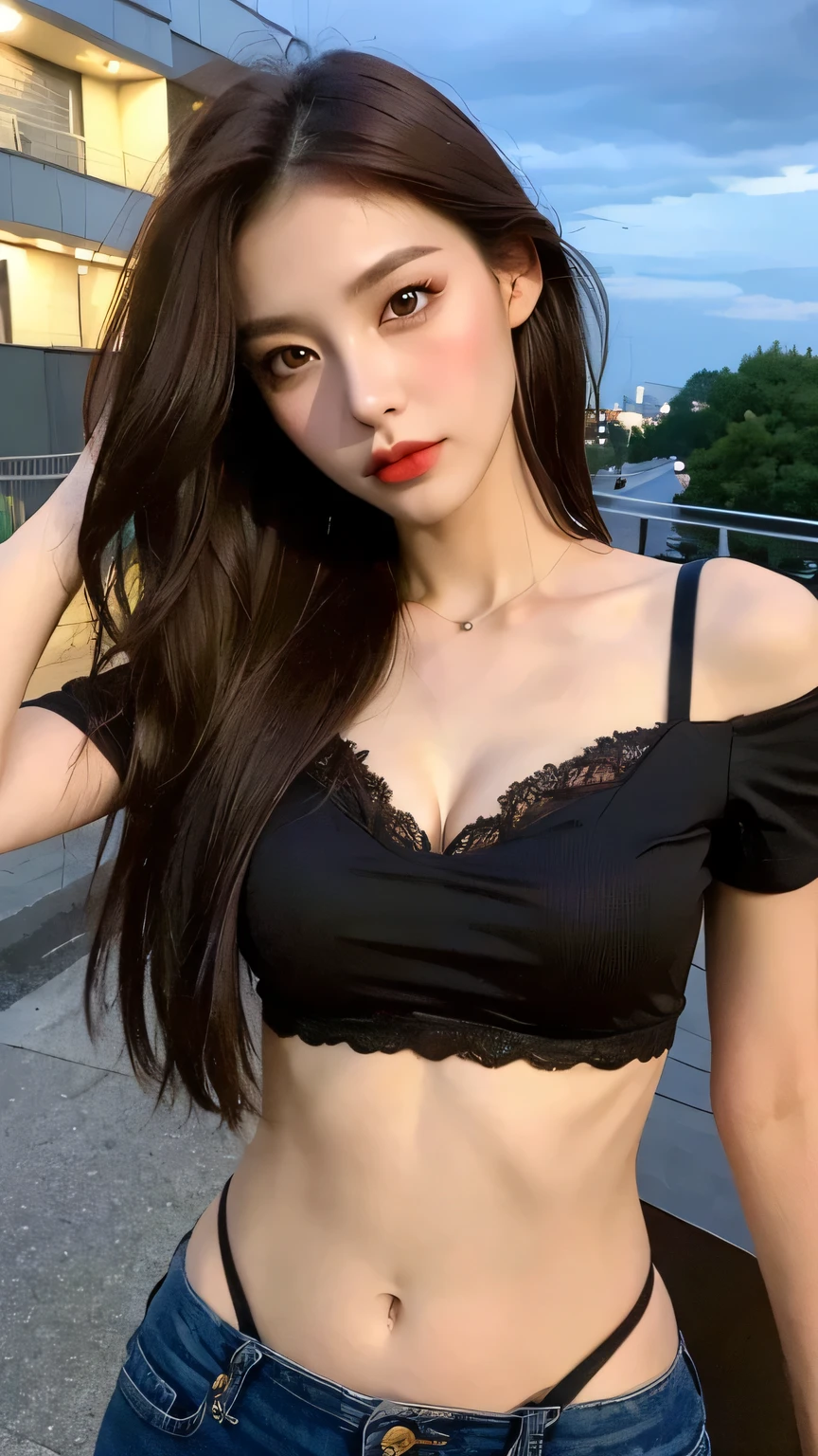 ((Midnight, Premium, 8K, Masterpiece: 1.3)), Full body, Long legs, Focal length: 1.1, (Perfect Body Beauty: 1.4), Slim Abs: 1.1, ((Dark Brown Hair, Big Breasts: 1.2 )), (Tights: 1.1, Lace Pleated Skirt: 1.1), ((City View, Roof: 1.3)), Highly detailed face and skin texture, Detailed eyes, Double eyelids