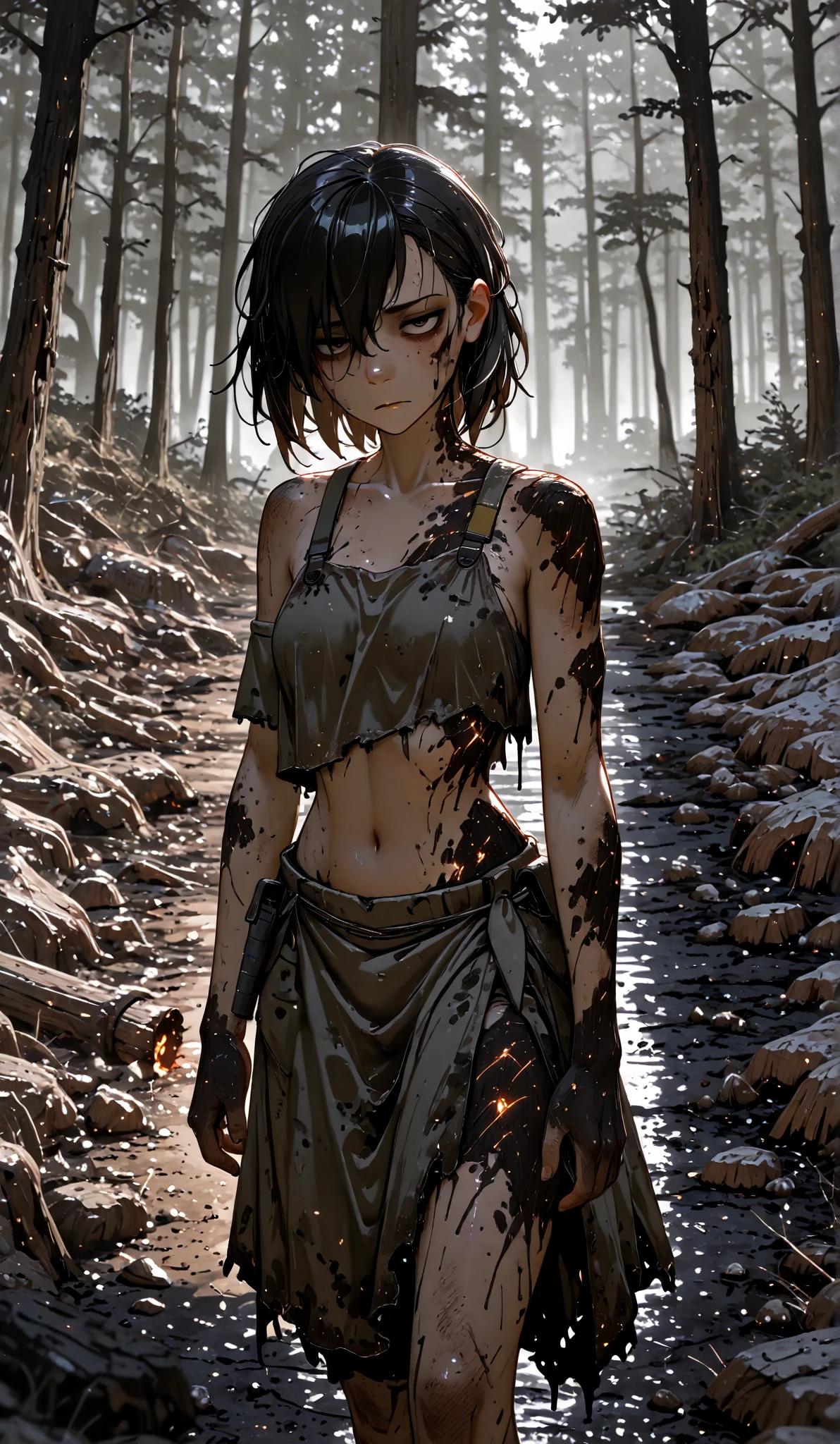 (photo Realistic:1.4), (hyper Realistic:1.4), (Realistic:1.3),whole body,zombie,girl,13 years old,No clothes,No sleeve, in the forest,metal shoes,sword,,(Legs without stockings),Under attack,