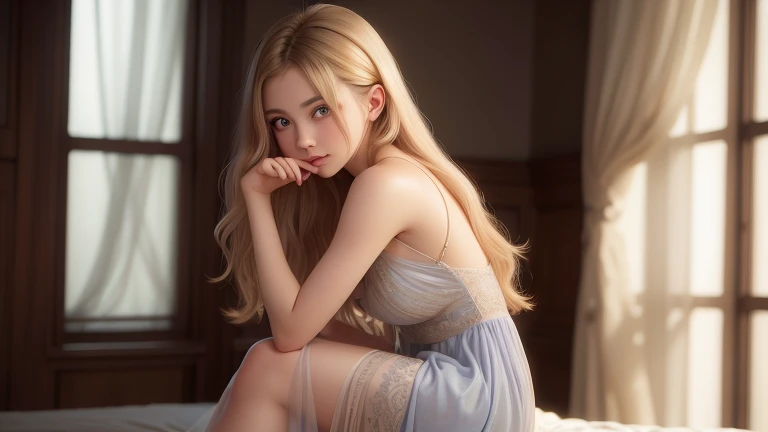 a woman in a light blue knee length summer dress, elegant, cute face, nike shoes, 17 years old, adult face, long hair, ((golden brown coloured hair)) and gleaming detailed bright soft brown eyes, slim figure, medium breasts size , long legs, light freckles on nose and cheeks, soft lips, slightly wavy hair, medium hip size