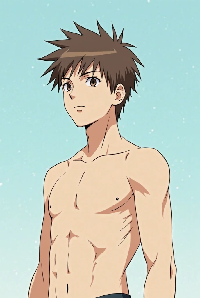keiichi_maebara,brown hair,blue eyes.hair between eyes, penis、phimosis 、short phimosis、a river、Standing in the river、red blush、Open legs、(fullnude)、cowboy shot、evening glow、early evening、The dim