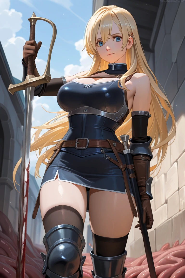 Masterpiece, detailed art of beautiful warrior girl, bikini armor, leather jacket, big tits, shiny skin, wet body, big tits, big breasts with presence, blush, sweat, full body, sexy, provocative pose, high leg, high leg string, bare breasts, clothes dressed, boobs, side boobs, cleavage, background is pitch black cobblestone dungeon, background blurred, helmet, sword, big sword, ( brown eyes with a clear impact), straps on the chest, low-leg laces, under the, pulling down panties, thigh level,