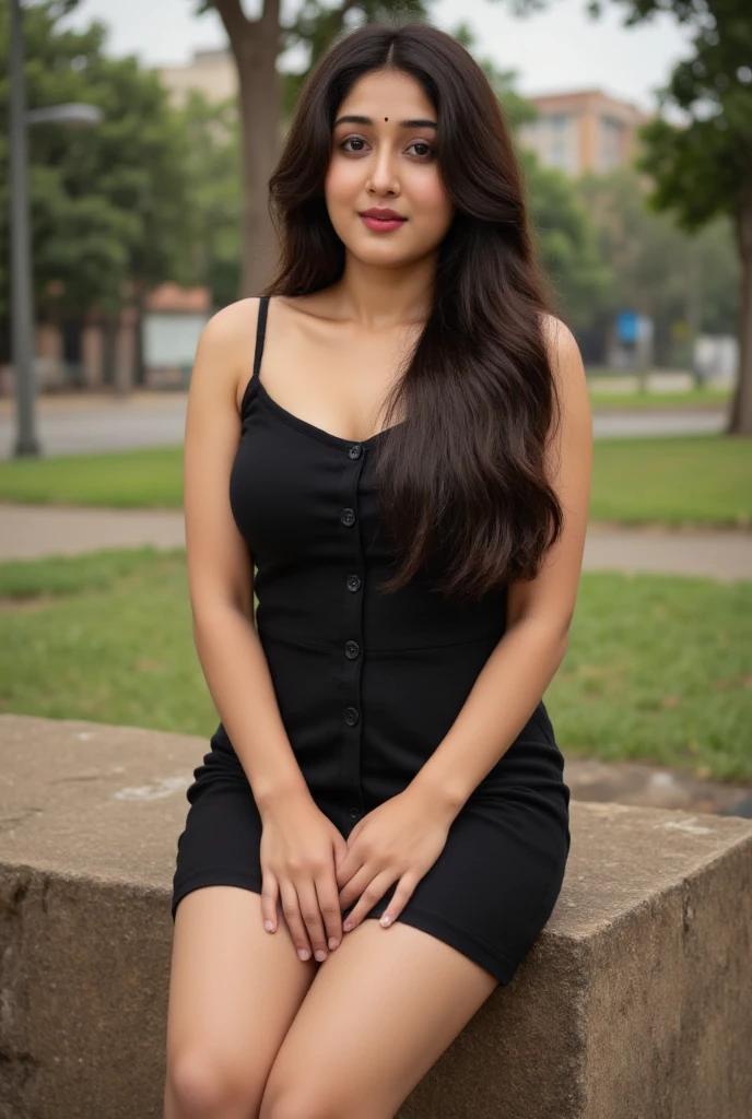 A indian brown curvy girl sitting in front of beautiful flower garden,long hair, beautiful black dress((best quality)), ((masterpiece)), (detailed), perfect face, hyper realistic