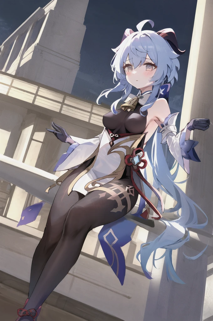 (8k, best quality, masterpiece), (ultra-detailed:1.1), (high detailed skin),
(full body:1.2), white background, standing, (solo focus, solo:1.2), female focus,
<lora:ganyu-v100:0.85:char>,ganyudef, ganyu \(genshin impact\), long hair, blue hair, horns, detached sleeves,  bare shoulders, purple eyes, black gloves, bangs, high heels,
(white background, simple background,:1.2),
(beautiful_face), ((intricate_detail)), (revealing clothes:1.2), clear face,
((finely_detailed)), fine_fabric_emphasis,
((glossy)),