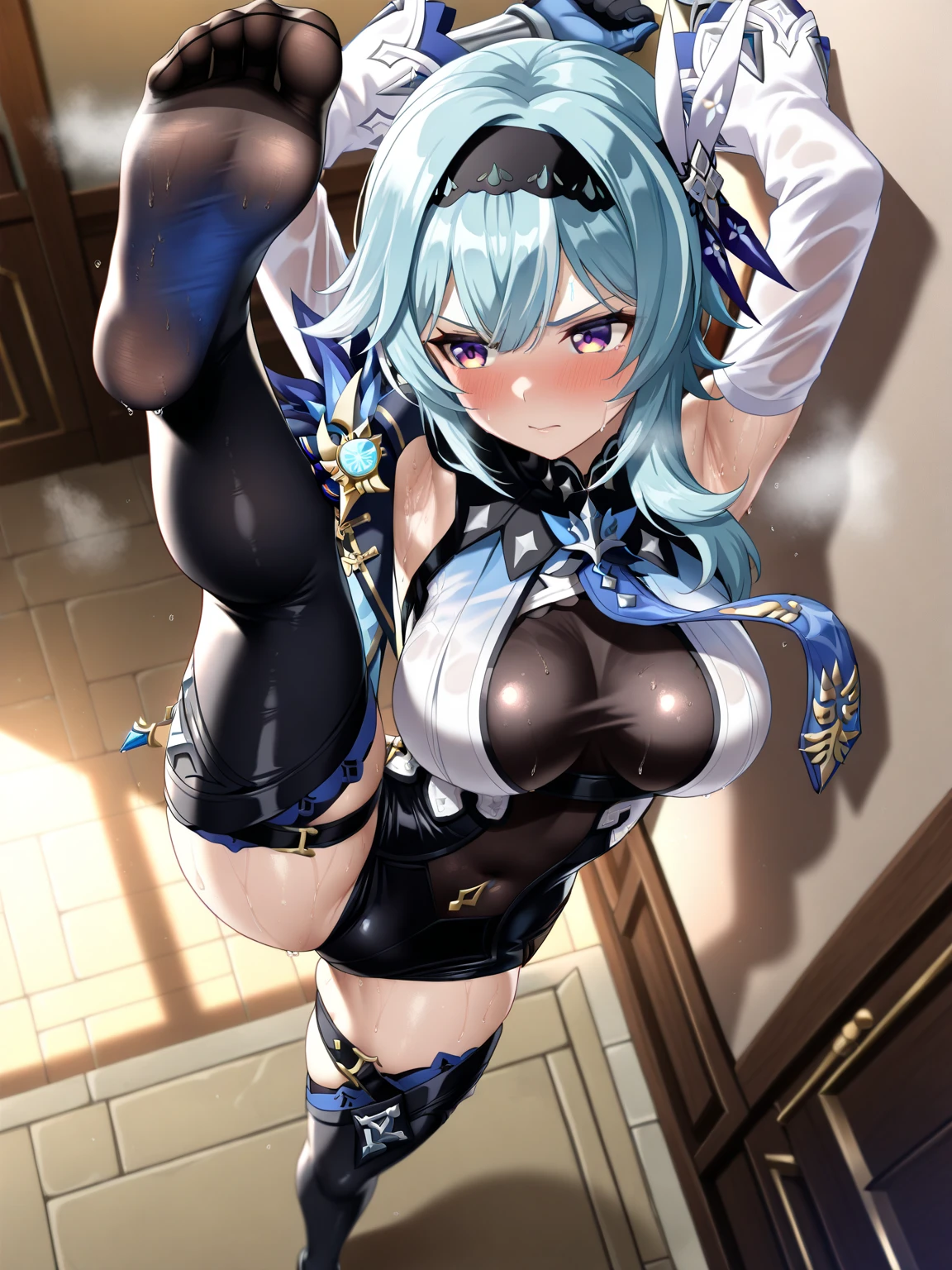 Aqua, Long Hair, Blue Hair, Hair Ring, hair ornaments, choker, Bare shoulders, Green ribbon, Blue Shirt, Removable sleeves, Blue Skirt, Knee socks,(((Raise ASS:1.3))),(Ass Focus,From behind:1.3)(Pussy in full view:1.3)Detailed pussy,(Recall,On all fours:1.3),(Camel Toe:1.3), masterpiece,Noise Reduction,Perfect Anatomy,High resolution, Super detailed,Game CG,Dutch Angle ,Beautiful attention to detail,Visual Arts,Five Fingers, Perfect hands, Perfect lighting,