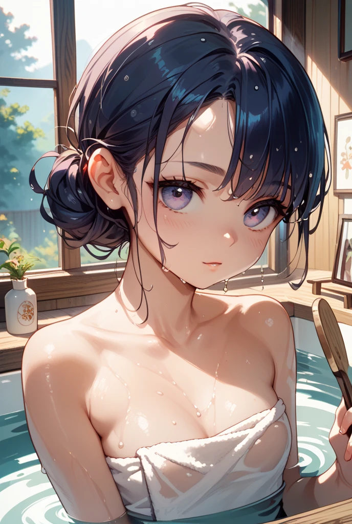 Beautiful girl with light skin tone and black ponytail and full bangs and blue eyes with long lashes and big boobs and taking a bath in the bath tub and holding wine