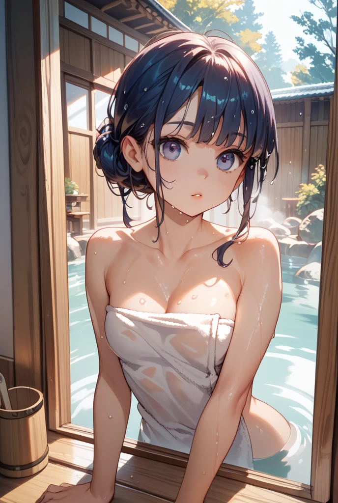 1girll，In the bath，Banana in hand，Delicate and beautiful face,Various hairstyles，crisp breasts，Convex buttocks，Wrapped in a soaked bath towel，perfectly proportioned, 浴室，vapour，bathtub，Cinematic lighting, filmgrain, Fujicolor, lightand shade contrast, 8K, 巨作, Textured skin, Super detail, hoog detail, High quality, A high resolution,