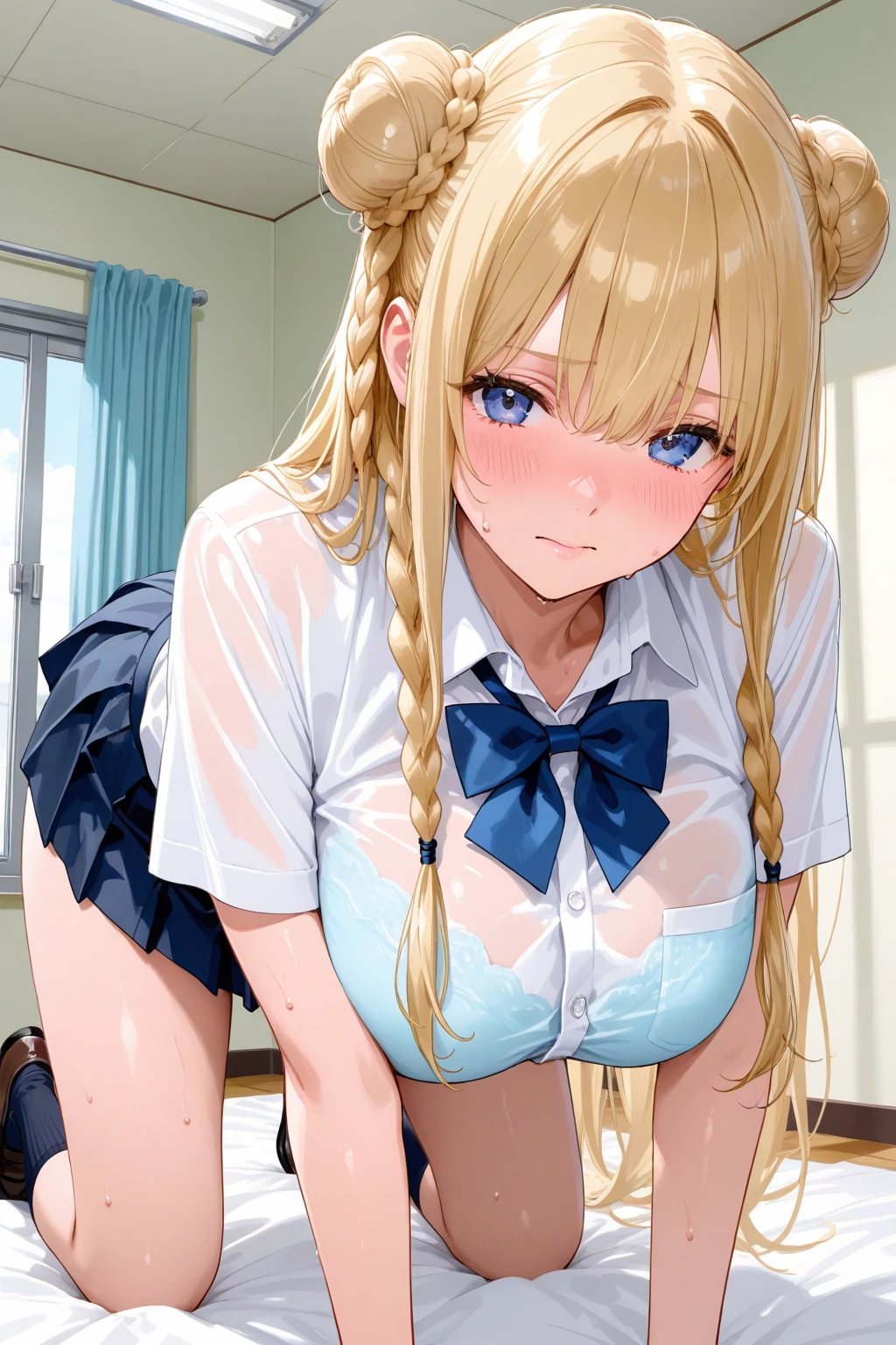 blonde hair color,long hair,pink eyes,high school costume,tie,skirt,earrings,huge breasts,Whipped thighs,slender,downward look,SFW,perfect,high quality,faultless,smile,SFW,perfect,high quality,faultless,high school background