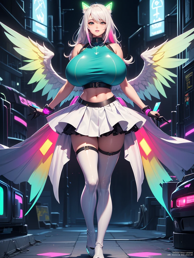 a robotic angel (Based on a lovely woman, sheer white airy gown, obvious mechanical sections and joints, neon high lights and indicator lights, angel wings with rainbow colored feathers) is posing on a futuristic stage, the phone number to order her is printed along the bottom f the screen (show her from head to toe, show her entire body, show all of her)
