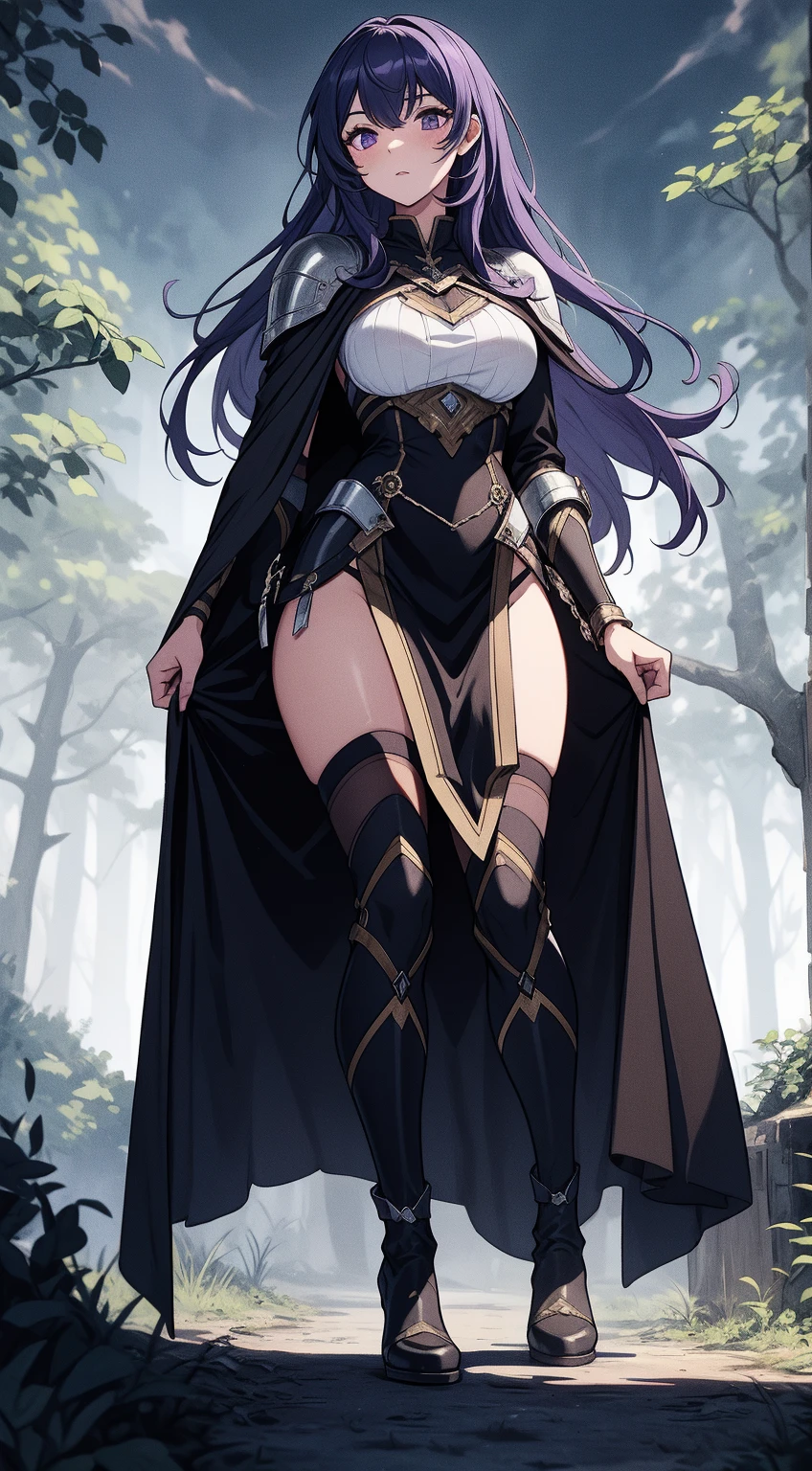 Masterpiece, 1girl, perfect body, perfect boobs, long hair, dark blue hair, green eyes, white leotard, transparent, see-through, covered nipples, covered pussy, uncensored, groin, cleavage, pauldrons, shoulder pads, {full white gloves}, {black armored gauntlet}, {black armored boots}, wing headpiece, cape, castle, outdoor, day, standing, {full body}, stern look, smile, looking at viewer, Granblue Fantasy style, ((adorable, cute, kawaii))
