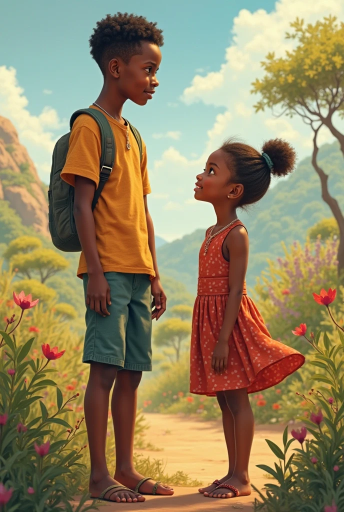 An africa. boy and a girl stan
ding saying no