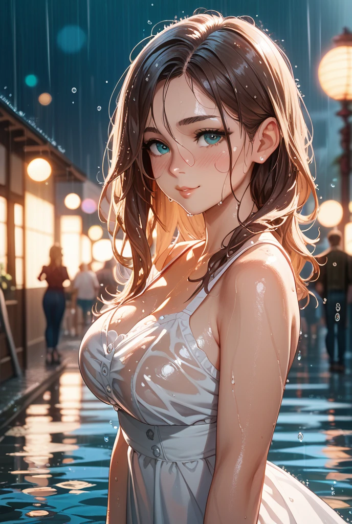 masterpiece, best quality, very detailed, high resolution, expensive resolution, high resolution, 4K, 8k, Unity 8k wallpaper, highly detailed CG, masterpiece, 2D, 3D, beautiful details, depth, fine texture, best quality: 1.3, perfect focus, crisp skin, him,rain, wet, wet closhes : 1.2
very cute anime girl, (bra showing through white blouse soaked in pouring rain), large breasts, expensive brown hair , one girl, rain, (raindrops dripping from soaked hair, bra showing through thin blouse soaked in rain), mole under eye, looking at viewer, expensive, blush, mole, open lips, heart, pink eyes, choker white transparent bra