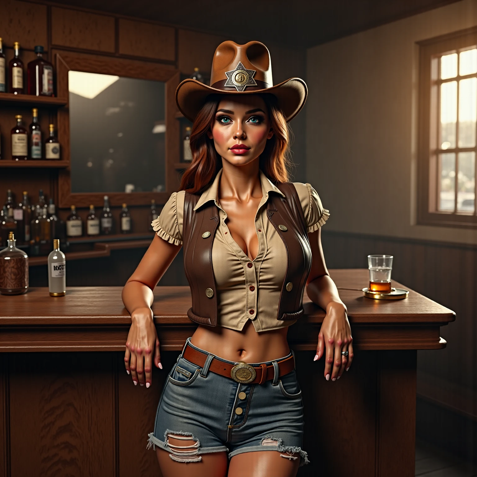 (((a girl stand alone:1.4))),((full-body:1.5, cinematic-shot)),(best quality,4k,8k,highres,masterpiece:1.2),ultra-detailed,(realistic,photorealistic,photo-realistic:1.37),(beautiful and aesthetic:1.2),vibrant color,(film grain:1.3). 

(1girl),(solo),((1 person)),(17years-old),[Raiana-Elizabeth-Dilla],pearl skin,(skin pores:1.1),beautiful detailed eyes,beautiful detailed lips,extremely detailed eyes,longeyelashes,extremely detailed face and skin texture,(skin texture:1.1),black hair,tall and slender body,(192cm tall),thin and delicate figure,graceful posture,flawless skin,defined abs,perfect curves,feminine appearance,beautiful long legs,embodying elegance and beauty,(cleavage breasts,large breasts:1.4),((wearing an ethnic (red ultra-short minidress:1.4) with (red cowboy hats:1.4))),extremely detailed and realistic (red) clothes,(shiny skin),((sharp focus:1.5)). 

[(aesthetic cowboy bar),oil painting, vintage atmosphere, wooden furniture, rustic charm, dim lighting, polished bar counter, cowhide rugs, swinging saloon doors, old-fashioned piano, flickering candlelight, whiskey bottles, cowboy hats, bolo ties, horse saddles, country music, clinking glasses, wild west vibes, warm color palette, sharpshooters, poker games, rustic decorations, starry night sky, moonshine cocktails, iconic cowboy posters, live band, laughter and merriment, authentic western experience, detailed textures, vibrant brushstrokes, artistic interpretation]

Official art,extremely detailed,Angelic ethereal beauty,award-winning photography,professional photography,depth-of-field,bokeh.