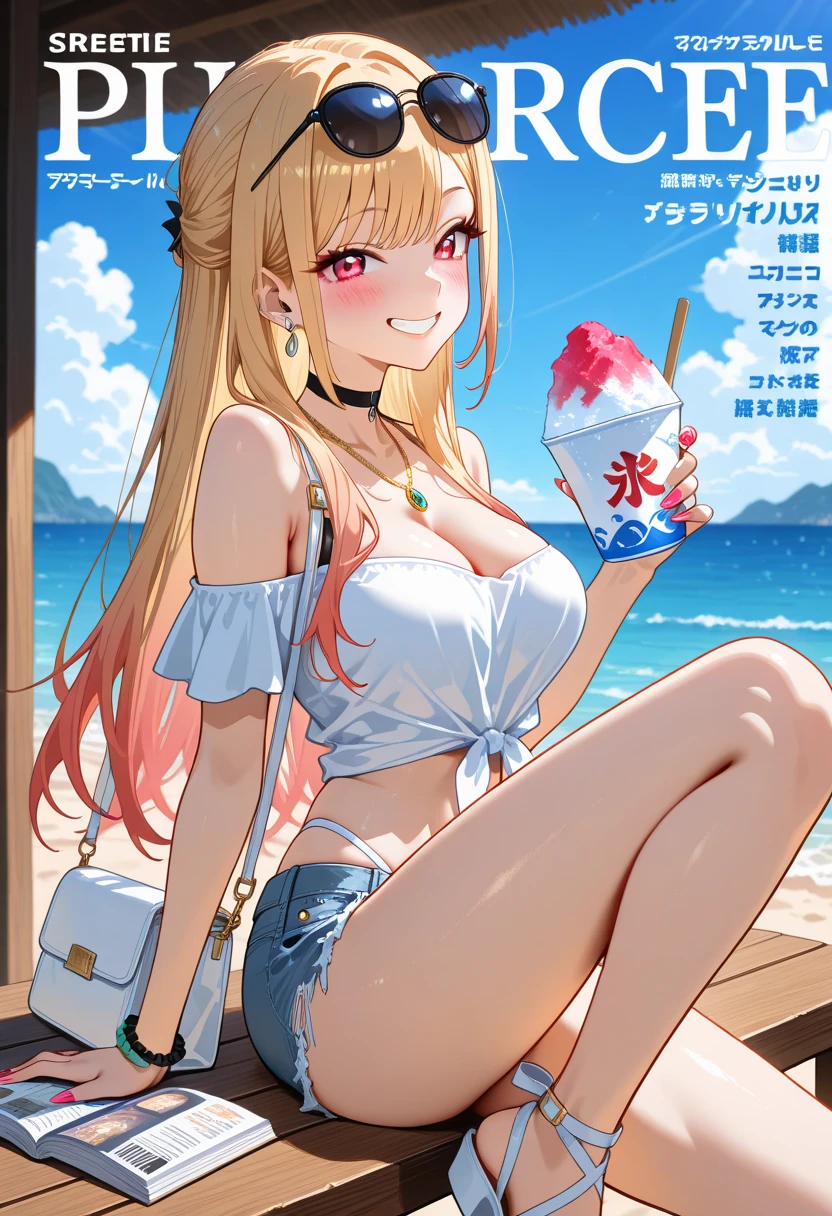 1girl, kitagawa marin, sono bisque doll wa koi wo suru, bikini, beach, beach parasol, ready drink in one hand, sweat, crowd, closed mouth, sexy pose, Summer Sunshine, key visual, highly detailed, looking at viewer, full body, masterpiece, best quality, very aesthetic, absurdres