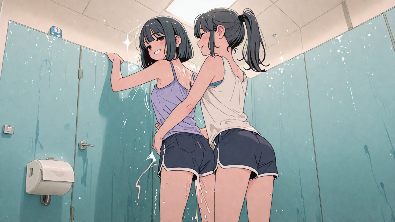 Cheerful girl、Sporty、tits、Swimwear、School Swimsuit、shower room、See-through T-shirt、Wet、Clothes that stick、oil、slimy