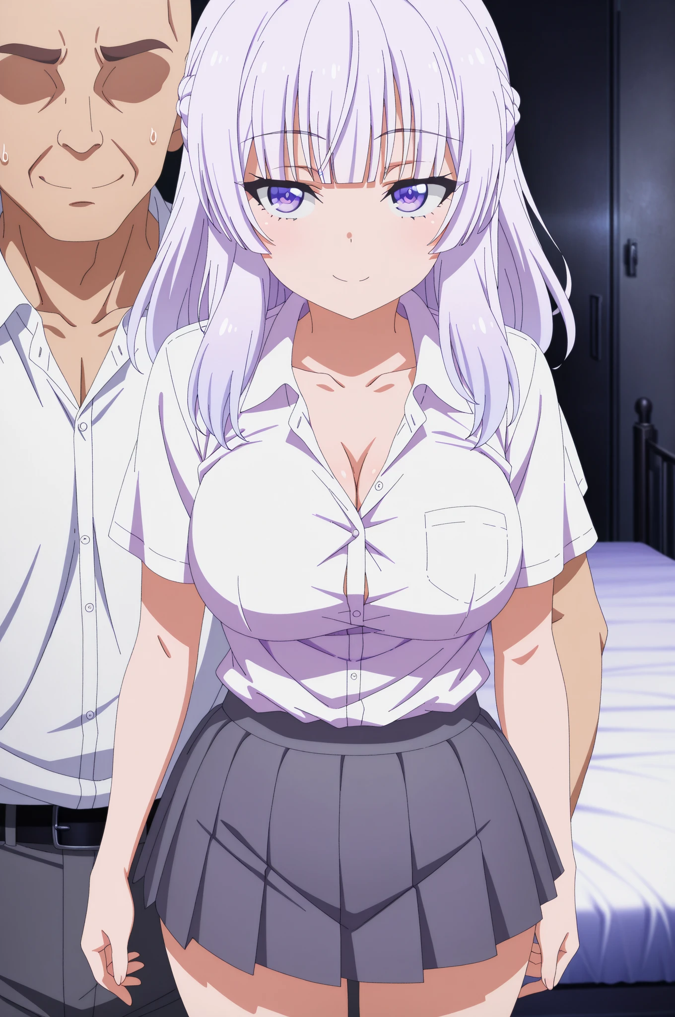 RiseliaRay, bangs, jewelry, blush, breasts, blush, masterpiece, best quality, hentai breast grab(sex position), sex, doggystyle, 1girl :hand up, standing on one leg, standing sex, against glass, breasts on glass, breast press, 1boy:grabbing from behind, sex from behind, imminent penetration, ((cum in pussy)), ((nude)), medium breast, 1girl, topless, long hair, white hair, 1shota