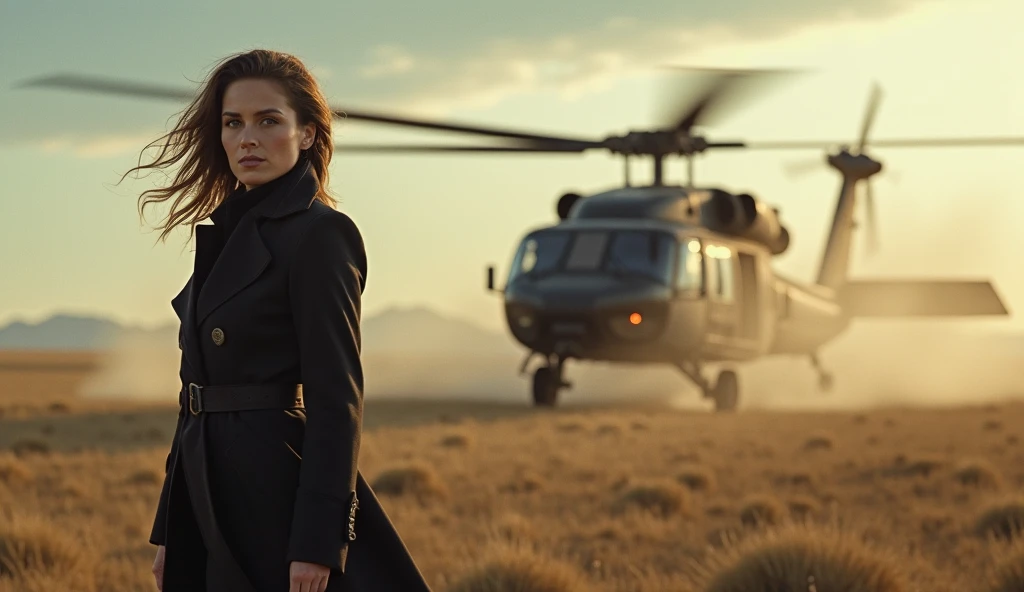 (photorealism:1.2),  she lands from a helicopter 