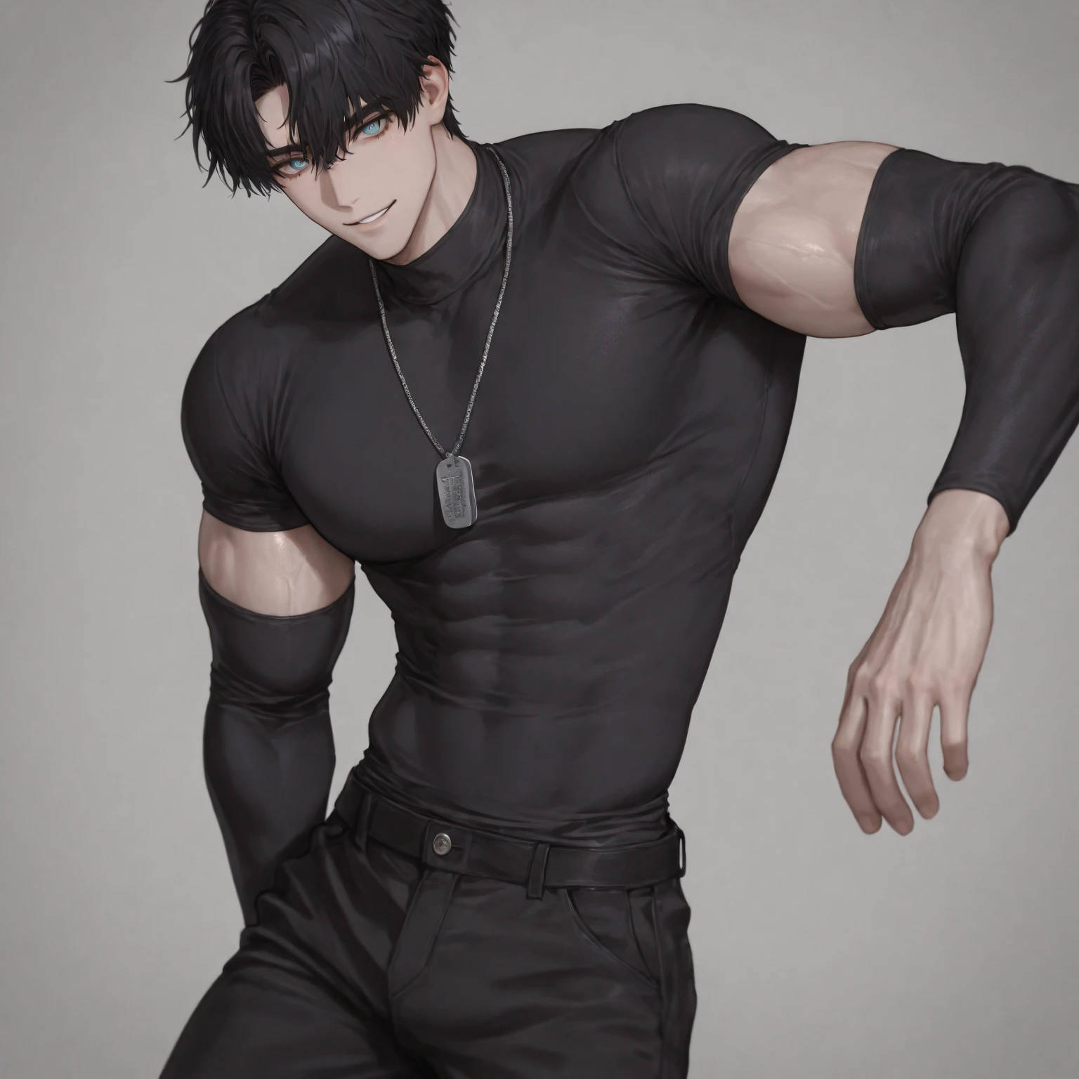 *Black shaggy-haired boy, muscular and black eyes, white-skinned and expensive would be, A pretty face, black sweater, with forest landscape at night*