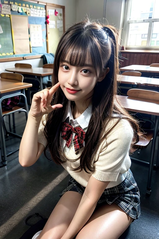 navy long sleeve cardigan:1.5、One person、日本の女子高to be born、One personで、Baby Face、:1.5、Flat Chest、Twin tails、red Plaid skirt、Plaid、Black knee socks、navy long sleeve cardigan:1.5、Red pleated skirt、A bow tie、Sit on a chair、Short Bob、Navy Cardigan、Realistic scale、to be born、Highest quality、Masseter region、Perfect Anatomy、Correct human body、School classroom、A classroom with rows of desks、blackboard、Professional Photographer