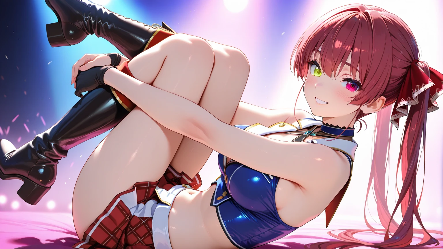 astolfo, Beautiful and slim perfect body, really spiky messy hair, short pink hair ,lock of white hair on left side, happy, smiling, blushing, thick lips, full lips, flat chest, Pectorals, not breasts, very thin body, open button-up shirt, shirt tied pectorals, midriff, choker, tiny micro pleated miniskirt, skirt barely covering panties, small bulge, thigh high stockings, high heeled sandals, perfect anatomy, classroom background, ultra-detailed, 4k, 8k, best quality, masterpiece, model, modeling, posing for camera, detailed background, (lenceria de encaje, translúcido), (medias de encaje), cuerpo completo, centrarse en las piernas, manos perfectas, maquillaje cachondo,