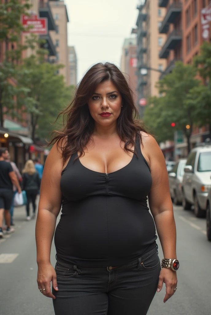 RAW PHOTO, her name is Alejandra, high quality, 1 old woman, ((58-year-old plus sized body latina woman)), (((58 years old))), ((plus sized)), (((chubby body))), ((wrinkled body)), (((old body))), ((long hair)), wearing stylish fashionable Generation X wear different colored, POSE: dynamic pose, BREAK, BACKGROUND: outdoor: city scape, film grain