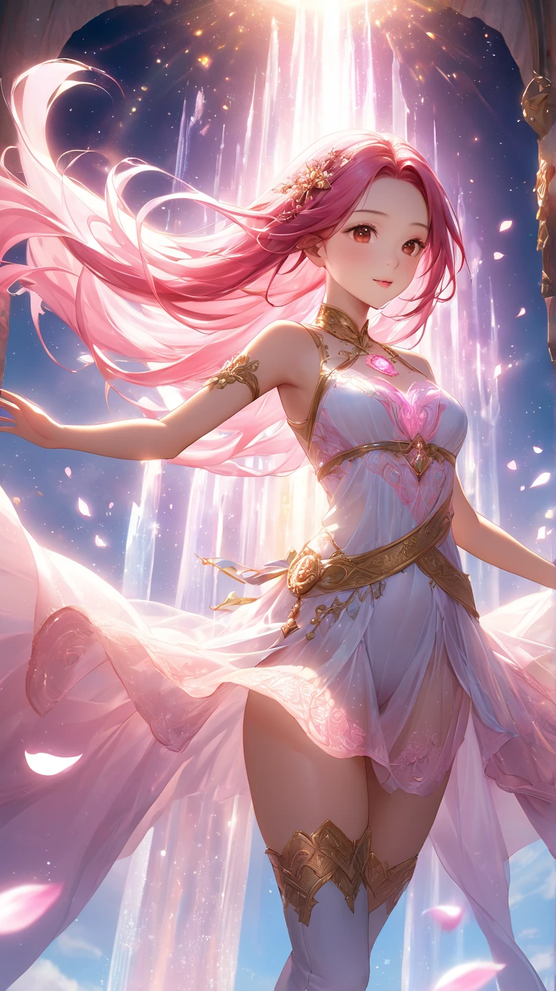 seraphine1, league of legends, pink hair, cleavage, digital illustration, vibrant colors, soft lighting, glowing effects, perfect face, glowing effects, absurdres, ultrasharp, 8K, long hair, bride dress, puffy dress, flowers, sakura flowers, petals, dynamic lighting, holy window, light from window