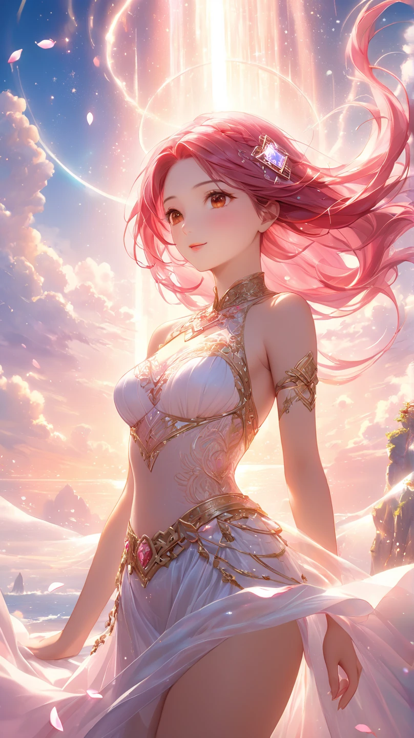 "((Fantasy art)) featuring an alien girl immersed in a celestial symphony, clouds transforming into vibrant splashes, flowers scattered like notes in the wind, a visual orchestration of color and wonder"