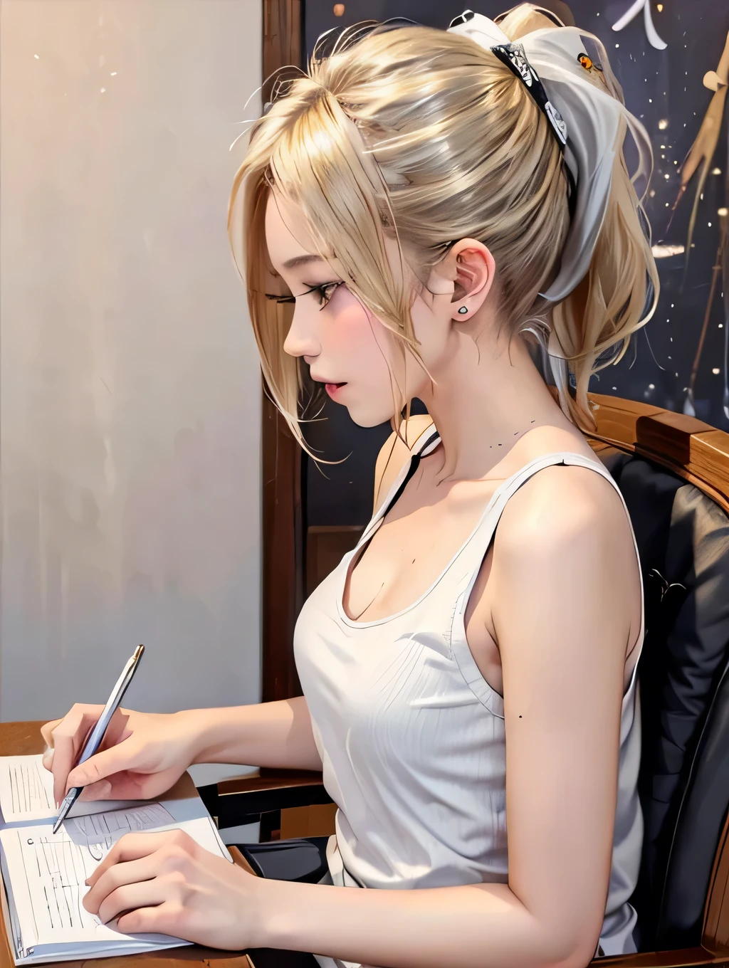 {{masterpiece:1.2}}, {{1woman}}, ((upper body)), ((from side)), ((private room)), ((in the night)), ((looking down)), ((sitting chair)), ((studying)), ((notebook on desk)), ((writing notebook)), 21 years old, ((Gal)), ((blonde hair, short hair)), ((ponytail_weave_Hairstyles)), ((white tank top)), ((white shorts)), ((ear piercing)), ((In the heat)), Japanese
