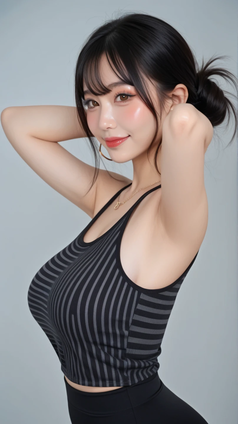 (Ultra Realistic), (Illustration), (High Resolution), (8K), (Very Detailed), (Best Illustration), (Beautiful Detailed Eyes), (Best Quality), (Ultra Detail), (Wallpaper), (Detailed Face), Upper Body Up,Armpits, Smiling,Plump,Solo,Simple Black Tank Top Girl, Sweaty, Japan People, Big,