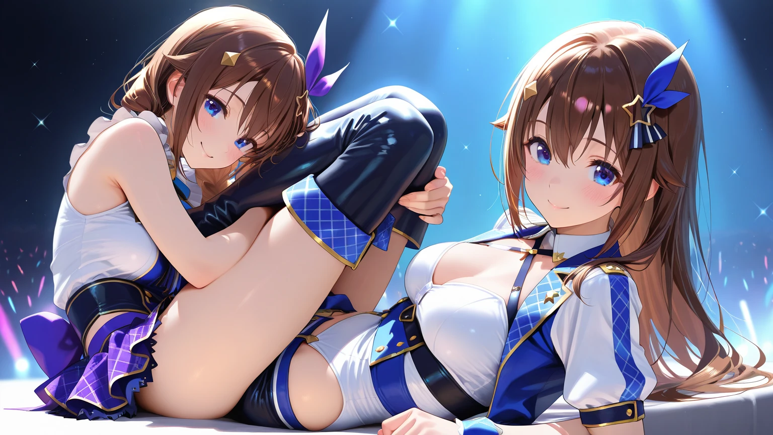 (Two adult women:1.3)、The exact number of fingers、Exact number of legs、Exact number of arms、bangs, Ribbon Ponytail, ブロンド hair, (blush:1), (Two women with one hand inside their panties:1.8), fingering, (pussy juice:1.2), cum in mouth, (Two women are singing using microphones:1.5)、white and navy idol costume、The costume comes with a navy blue idol-style corset.., The costume has a ribbon attached to its collar..、It is a costume that covers up to the shoulders., side, upper arm, and arms., That costume only opens wide at the chest..、high socks、white idol style skirt, (Underwear with elaborate and luxurious decorations:1.3), Ribbon at collar., (Light blue horizontal lace shorts with plenty of lace:1.3), light blue lace bra:1.2), sexy underwear, Thighhighs、 beautiful big breasts, (erect nipples:1.2), The skirt is rolled up、highest quality, High resolution, (fine and beautiful eyes:1.6), highly detailed face, perfect lighting, Very detailed CG, (perfect hands, perfect anatomy),embarrassed look、The expression of someone who is holding back from going to the toilet, (Sexual pleasure expression:1.4), (expression of agony:1.2)、close your eyes、sexy look、look up、mouth half open、climax、(live stage、a lot of spectators:1.5)、Mike stand、whole body