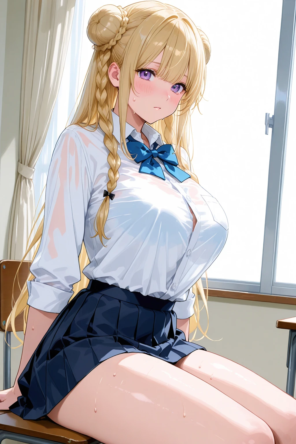 ((top-quality、8K、masterpiece:1.3))、女の子1人、Slender Abs、hyperdetailed face、A detailed eye、二重まぶた 、medium chest、small tits、light yellow hair、Long hair、cheeky grin、Schoolgirl Uniform、An 18-year-old woman、Navy blue ribbon、Dark blue pleated micro mini skirt、Sexy、Peek at the viewer、Beautiful graphics、Bright school building with strong sunlight、Show me your whole body、sitting、Skirtlift、depth of fields、Bokeh in the background, ((nipples)), blush, embarrassed, hands behind back,