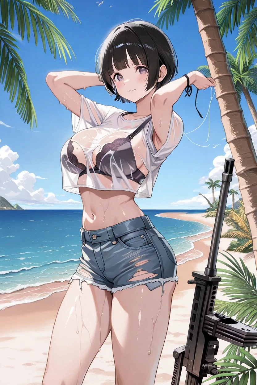 Black hair girl with a ponytail, standing looking at the ground with an air of superiority. She has small breasts and is wearing white lingerie.. muscular girl, naughty smile. detailded, beautiful  face, blue colored eyes. bottom to top. crotch focus. Cunt scoring. Wet pussy. delicious. Red lips. choker. 