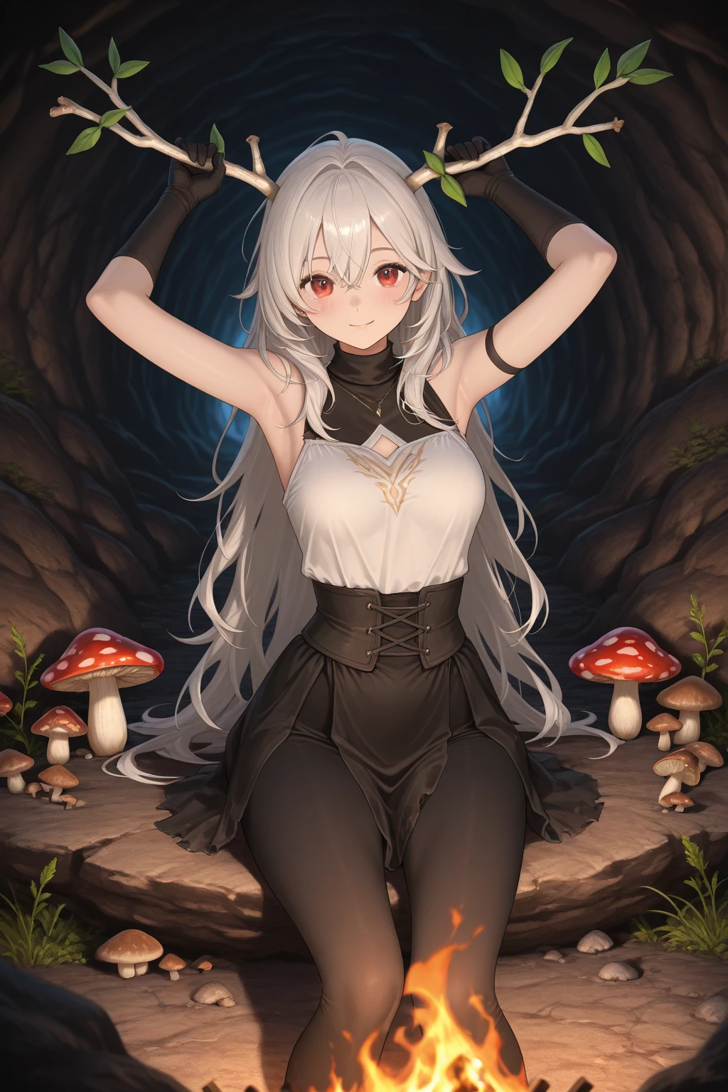 (score_9, score_8_up, score_7_up), 1girl, solo, sheep horns, curled horns, black horns, white sheep ears, white hair, long hair, hime cut, long bangs, sheep horns, curled horns, yellow eyes, detailed eyes, innexpressive, small breasts, sitting over a rock, in the middle of the forest, crossed legs, feet, bare feet, wearing a black victorian dress, old fashioned, night, (from below), highres, detailed, best quality, masterpiece,