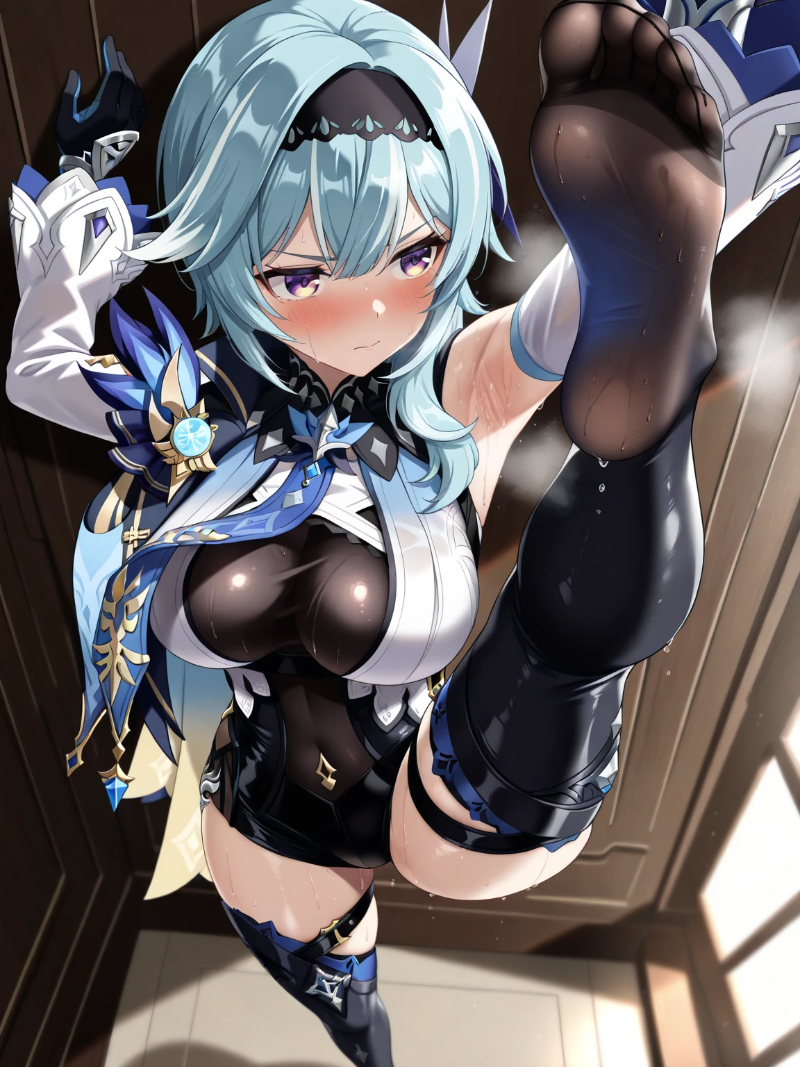 NSFW,masterpiece,Highest quality,High resolution,Super detailed,Sinon\(Sword Art Online\),armor,breastplate,Hand guard,leotard,skirt,gem, hair ornaments, Hair Clip,Embarrassed,Watery eye,smile,blush,Fantasy,inn,indoor,Leg spread